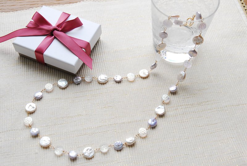 雪の結晶ビーズと２種のパールのネックレス　１４kgf - 項鍊 - 珍珠 紫色