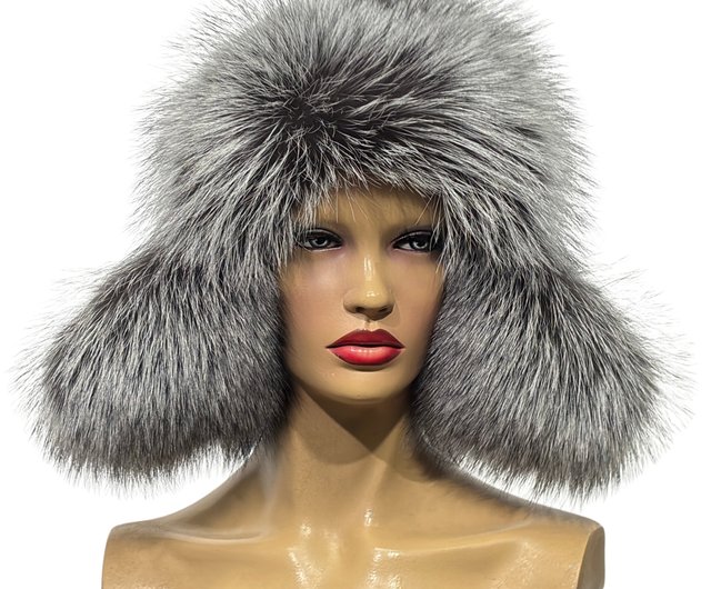 フォックスファーハット 本物の毛皮の帽子 ウシャンカシルバー