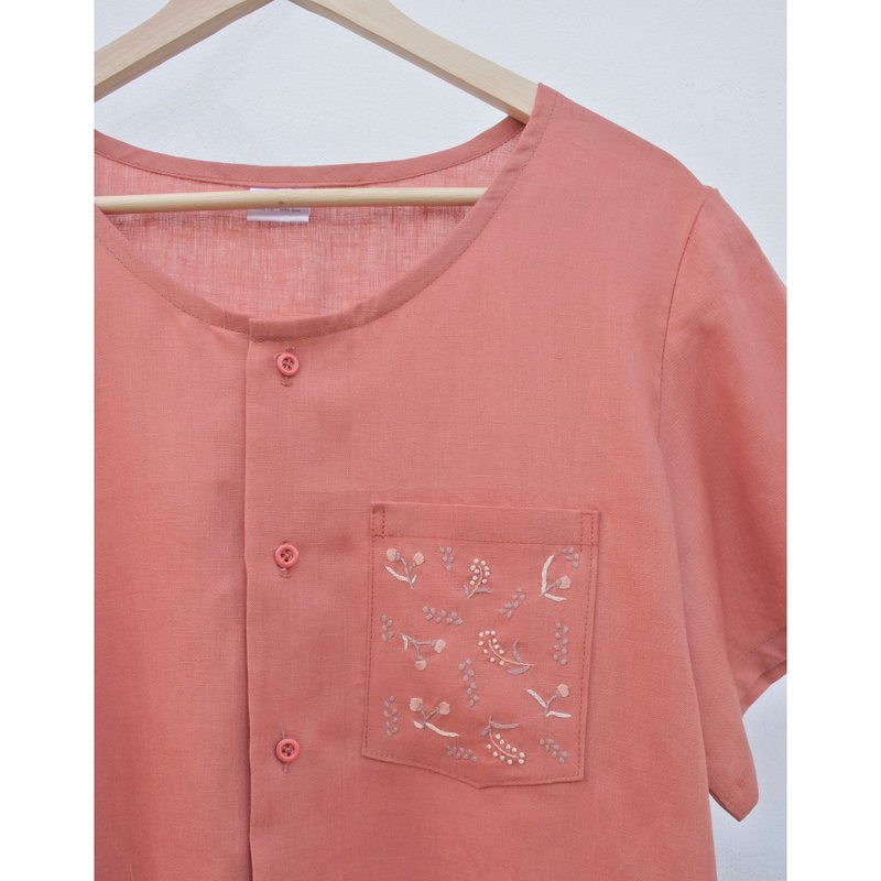 Embroidery | Linen | Terracotta Crew Neck T-Shirt - Women's Tops - Cotton & Hemp Red
