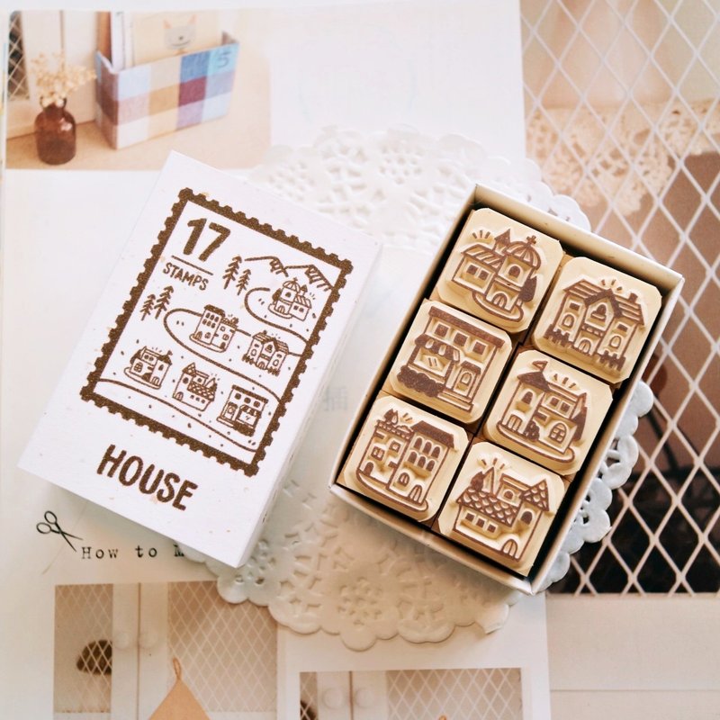 Handbook stamp- V17 Little House Series Matchbox Seal 2X2cm (6 styles) - ตราปั๊ม/สแตมป์/หมึก - ยาง สีนำ้ตาล