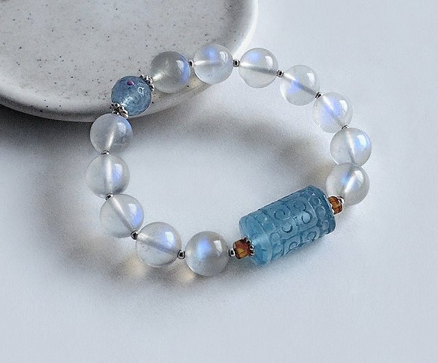 Natural Blue Light Moonstone Carved Clear Barrel Beads Bracelet