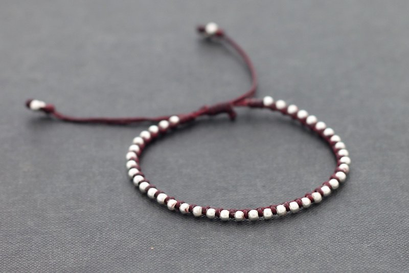 Burgundy Knotted Silver Unisex Adjustable Bracelets Minimal - สร้อยข้อมือ - ผ้าฝ้าย/ผ้าลินิน สีแดง
