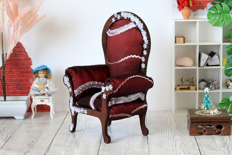 Dollhouse chair decorative handmade miniature furniture red white upholstered th - ของเล่นเด็ก - ไม้ สีแดง