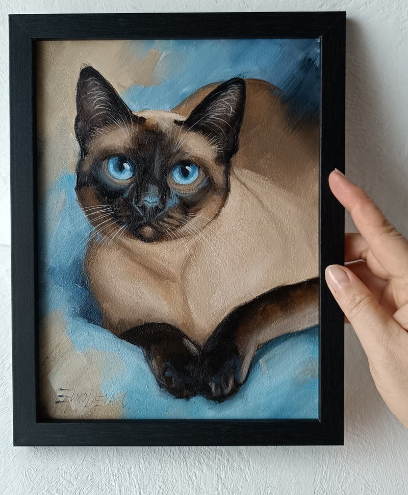 Siamese Cat Portrait Oil painting Thai Cat Art 18*24 cm - Wall Décor - Other Materials Brown