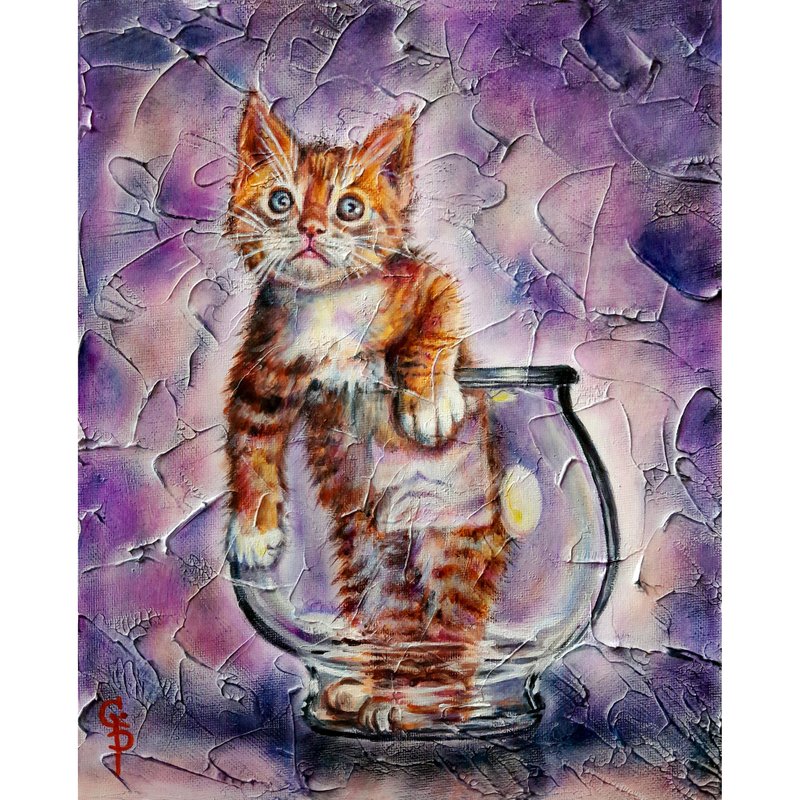 Cat Painting Canvas Original Oil Christmas Gift Art Kawaii Red Kitty on Glass - ตกแต่งผนัง - วัสดุอื่นๆ สีม่วง