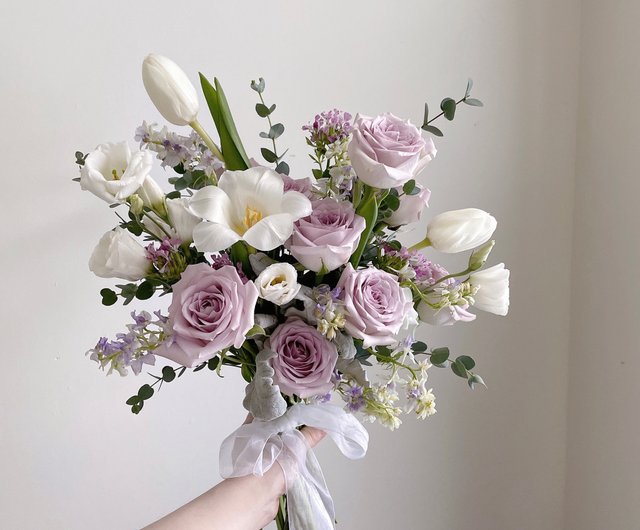 Flowers] Medium blue, purple, white roses, tulips, natural