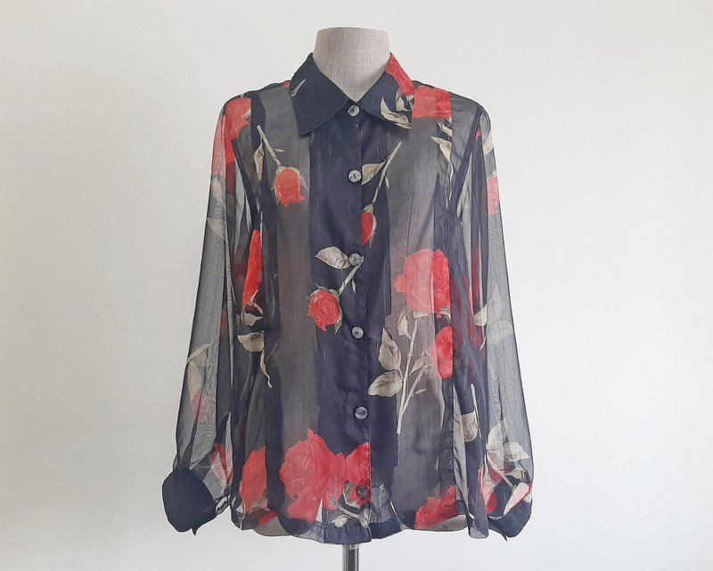 Vintage Black Red Rose Print Sheer Blouse - Women's Tops - Polyester Black