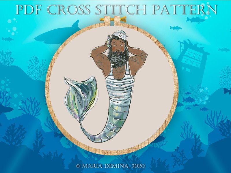 Merman (marine-striped) PDF cross stitch pattern - 手工藝教學/工具書 - 其他材質 