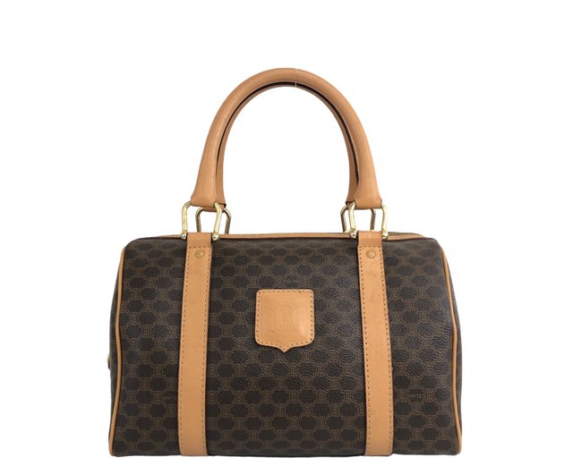 CELINE セリーヌ マカダムブラゾン ブラウン ドラム 筒型 ハンドバッグ CELINE セリーヌ マカダム ブラゾン型押し PVC×レザー ミニ