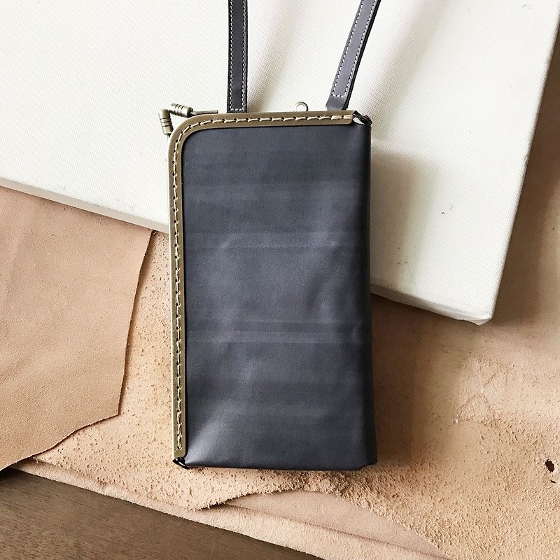 Universal mouth gold bag _ mobile phone bag _ leisure card layer _ can be hanging neck side back _ straight gray blue - Messenger Bags & Sling Bags - Genuine Leather Gray
