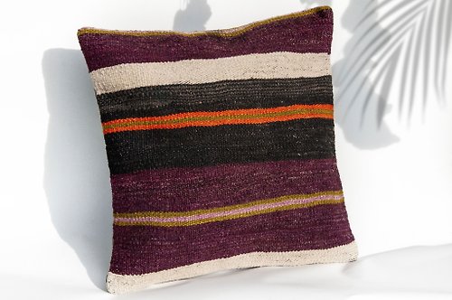 omhandmade 土耳其地毯抱枕套 羊毛抱枕套 kilim圖騰地毯枕頭套-葡萄紫橘子色
