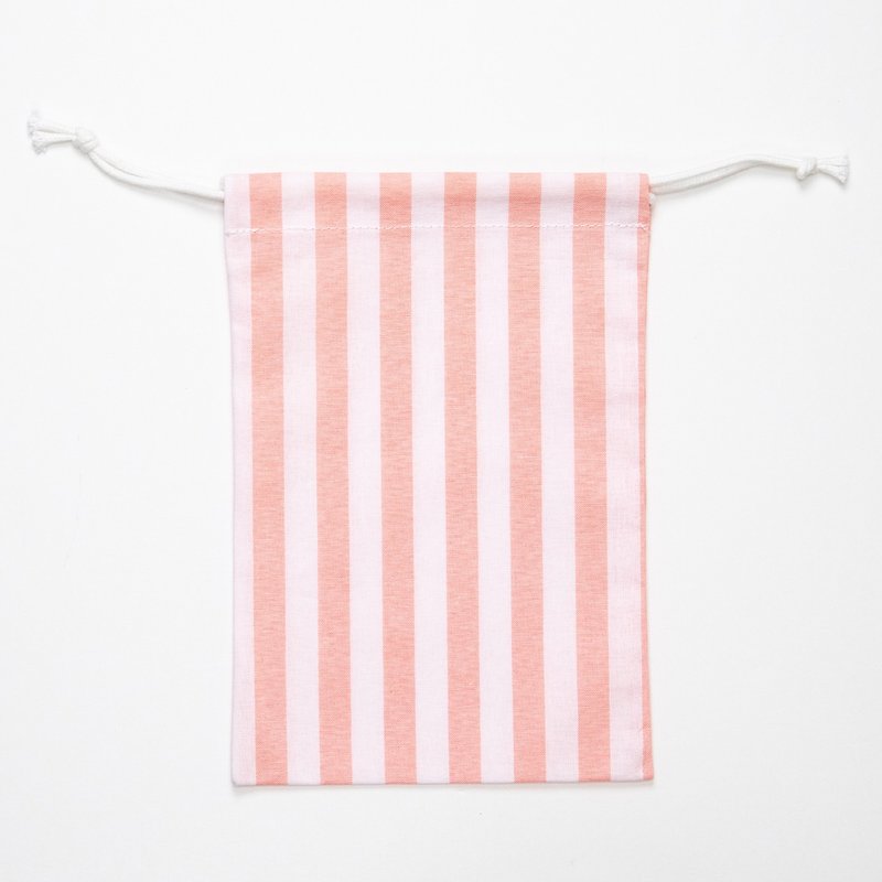 刺繡抽繩袋 - 珊瑚粉色條紋 - 編織/羊毛氈/布藝 - 棉．麻 粉紅色