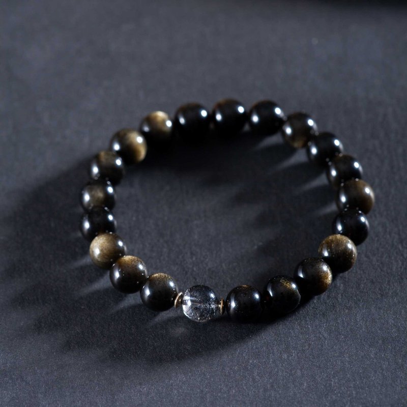 金沙黑曜石黑髮晶925純銀手鍊 天然水晶客製化禮物 - 手鍊/手環 - 寶石 黑色