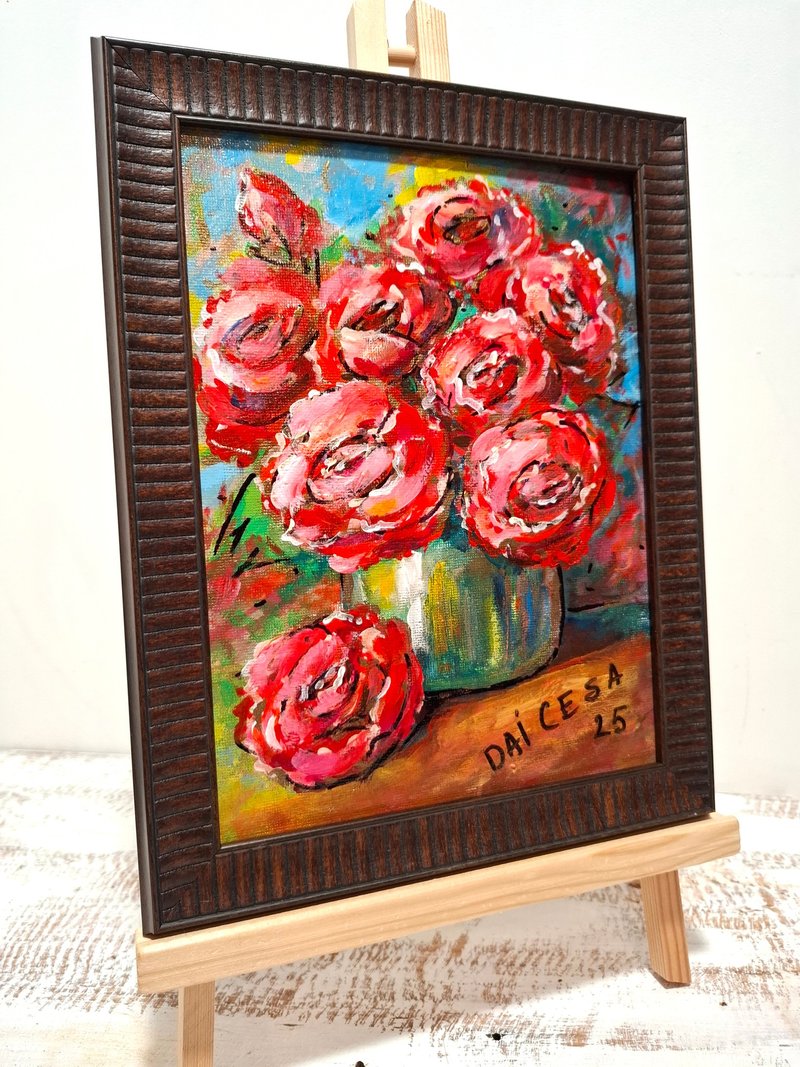 Acrylic Painting Red Roses in Vase Medium Size Framed - 壁貼/牆壁裝飾 - 其他材質 多色