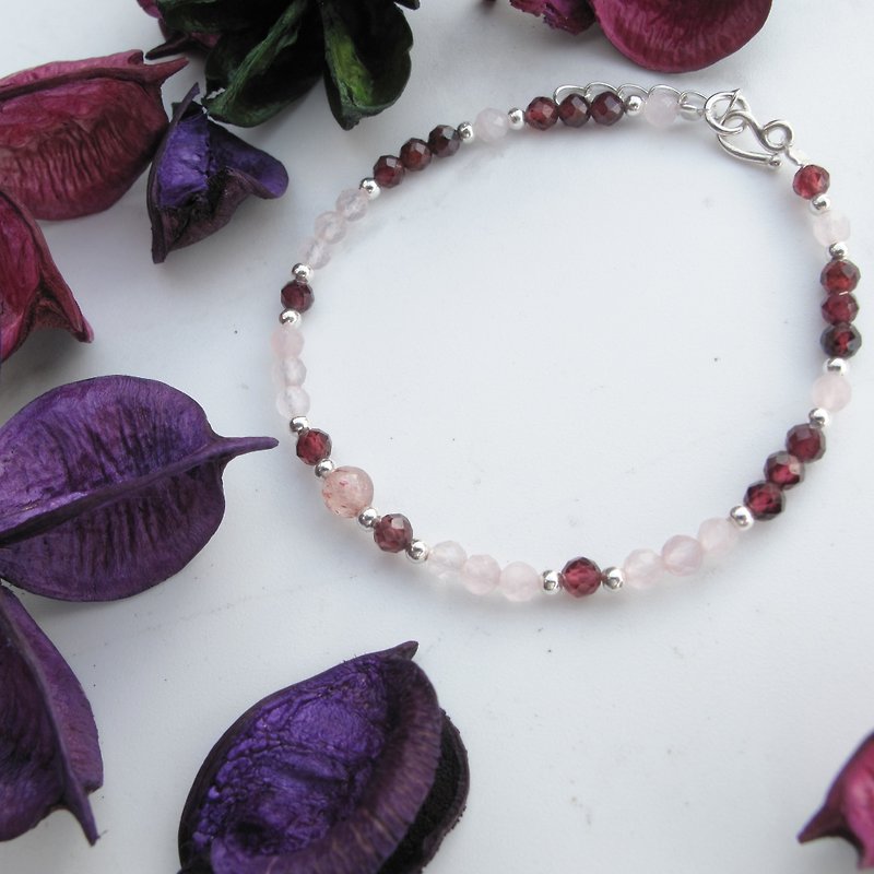 [Crystal Bracelet] Strawberry Quartz × Pink Quartz × Purple Pomegranate | Crystal Thin Bracelet | Senior Girl - Bracelets - Crystal Pink