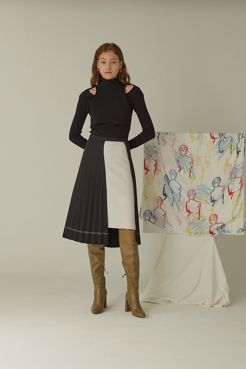 Asymmetry Pleats Skirt/ Navy - Skirts - Polyester Blue