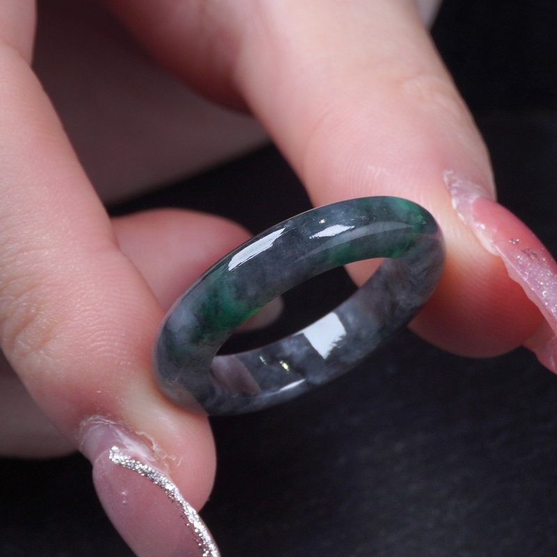Black Chicken Floating Green Flower Jade Ring | International 15 Size | Natural Burmese Jade A Grade | Gift - แหวนทั่วไป - หยก สีเทา