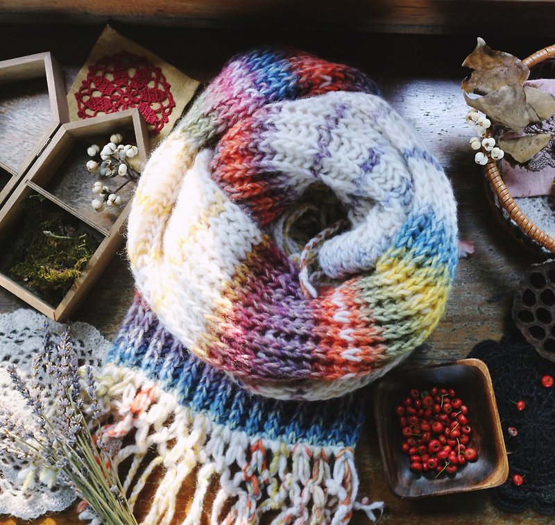 ChiChi hand-made-rainbow fringed scarf-wool scarf [double-sided series] - ผ้าพันคอถัก - ขนแกะ 