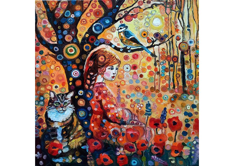 原創畫 The girl at the tree  Painting  Original Art  Oil Painting  Oil On Canvas - Wall Décor - Other Materials Red