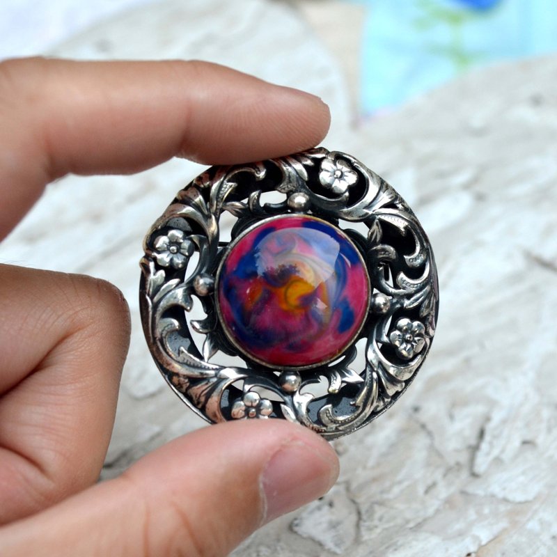 Color flow painted enamel silver through flower brooch can be pendant dual-use Japanese noble second-hand vintage jewellery - เข็มกลัด - โลหะ หลากหลายสี