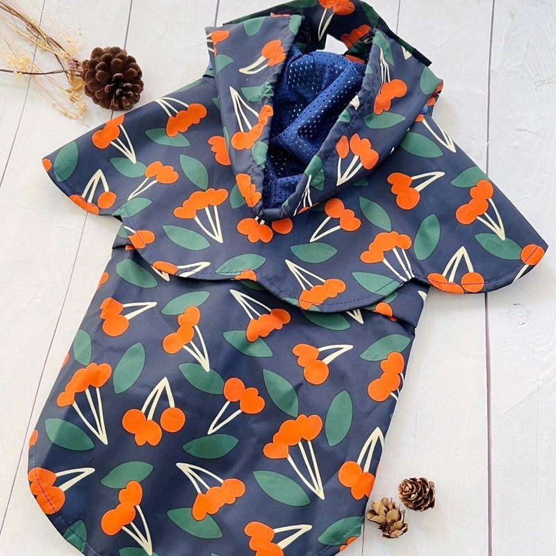 Dark Blue Cherry Three-piece Flower Raincoat XL/2XL/FL/FXL - ชุดสัตว์เลี้ยง - วัสดุอื่นๆ 