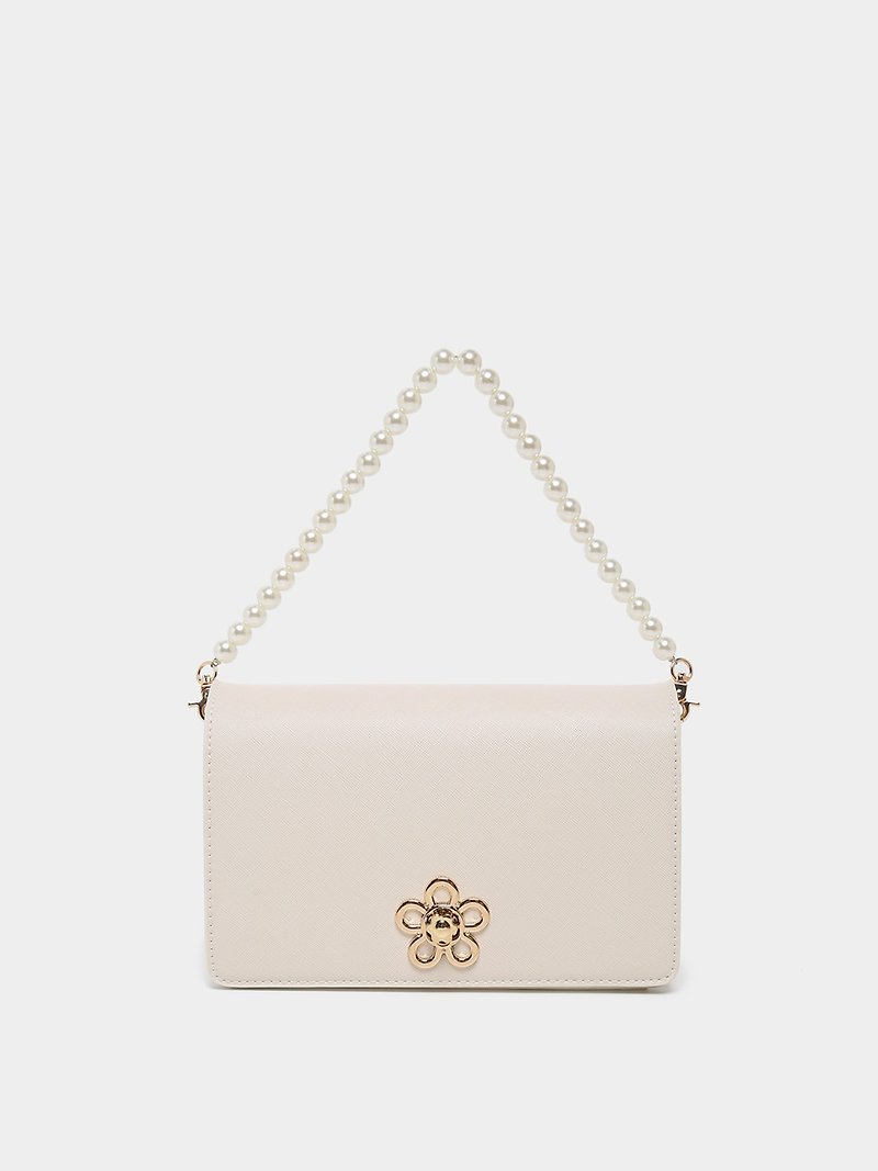 Romantic Pearl Flower Lock Side Back Bag - กระเป๋าแมสเซนเจอร์ - หนังเทียม สีกากี