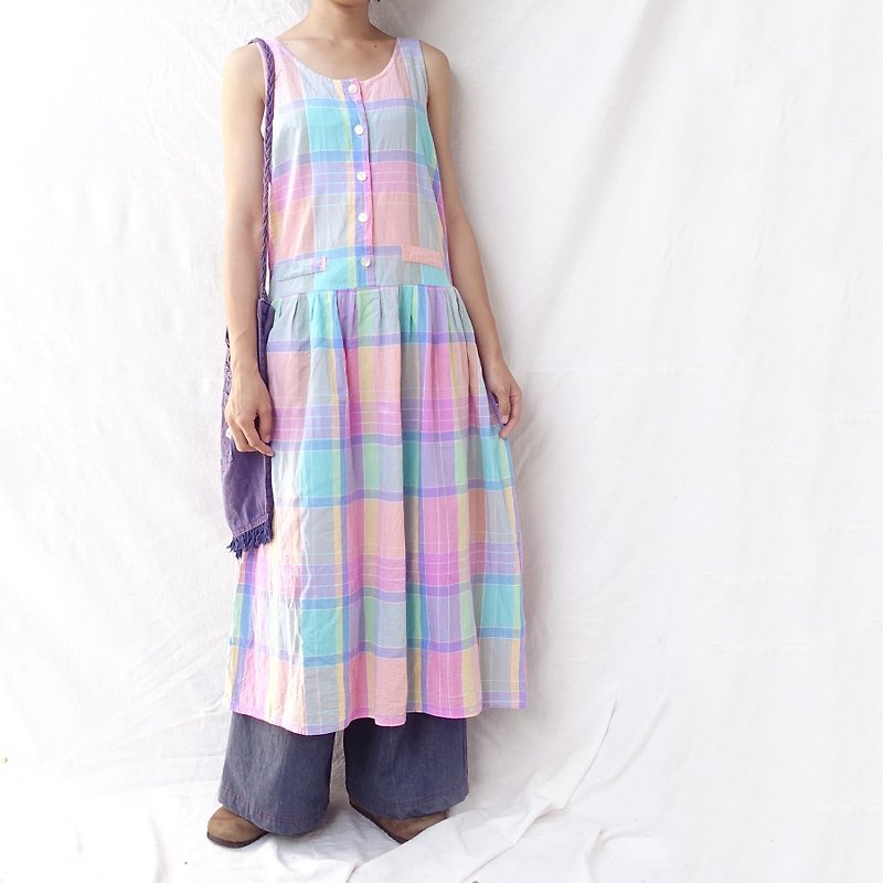 BajuTua/vintage/80's American-made pastel plaid comfort vest skirt - ชุดเดรส - ผ้าฝ้าย/ผ้าลินิน สึชมพู