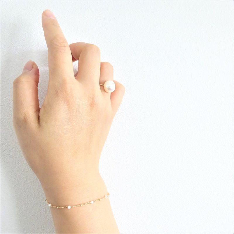 14kgf*Freshwater Pearl×gold station bracelet - Bracelets - Gemstone White
