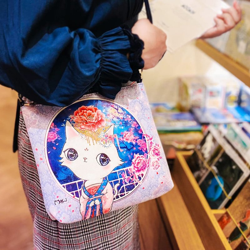 Side backpack | Crossbody bag | Water-repellent - Tang Dynasty Ancient Style • Meow Fei - กระเป๋าแมสเซนเจอร์ - หนังเทียม สีน้ำเงิน