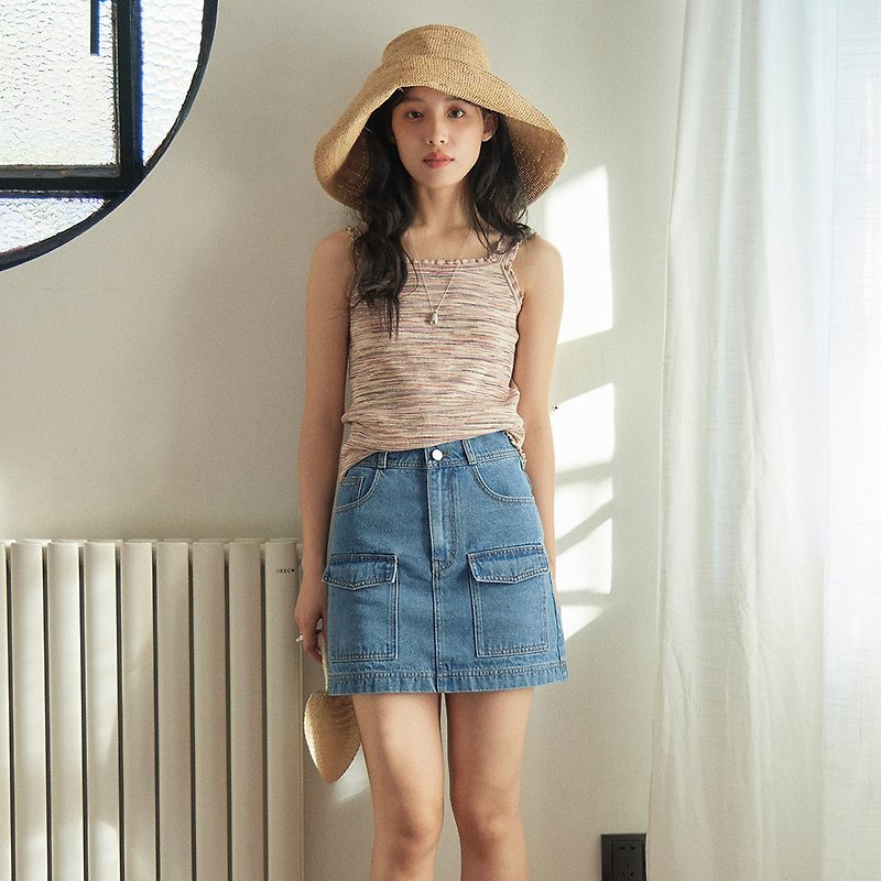 High waist denim skirt|skirt|summer style|Sora-1517 - กระโปรง - ผ้าฝ้าย/ผ้าลินิน สีน้ำเงิน