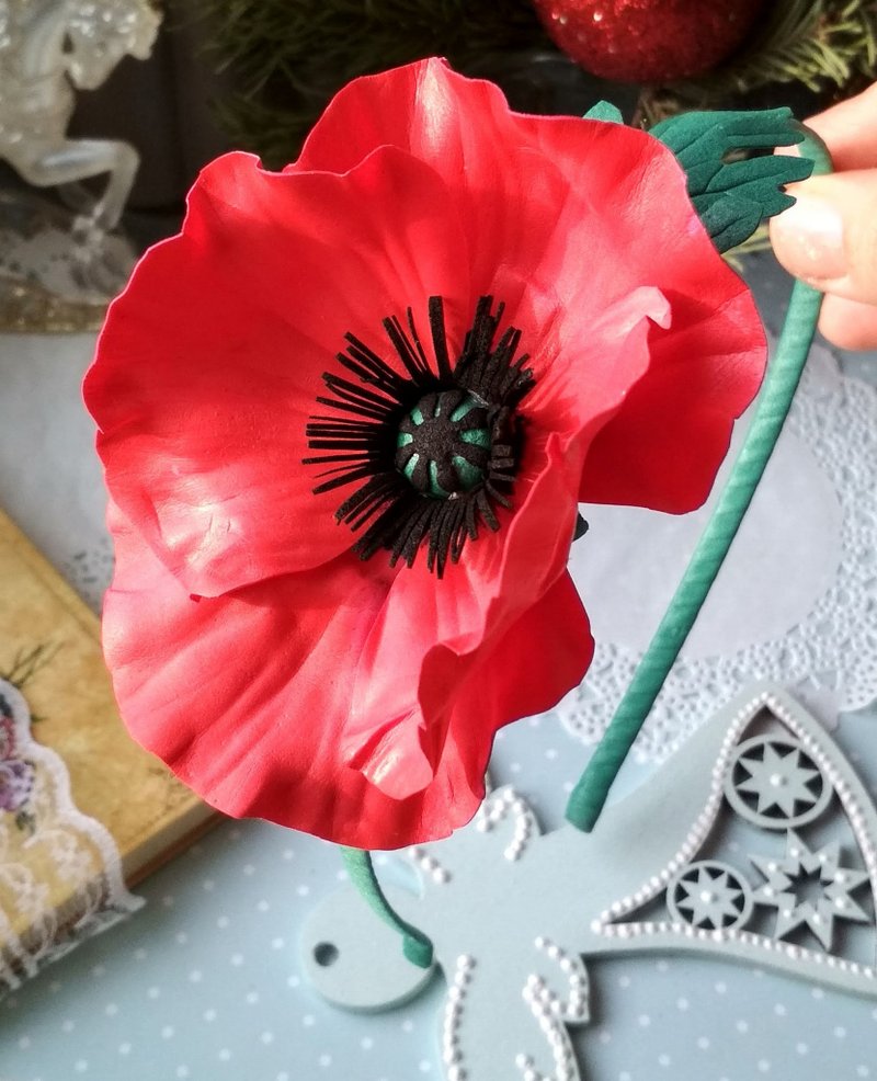 Headband with red poppy for bride Bridal Flower headband Red floral hairband - 髮夾/髮圈 - 防水材質 紅色