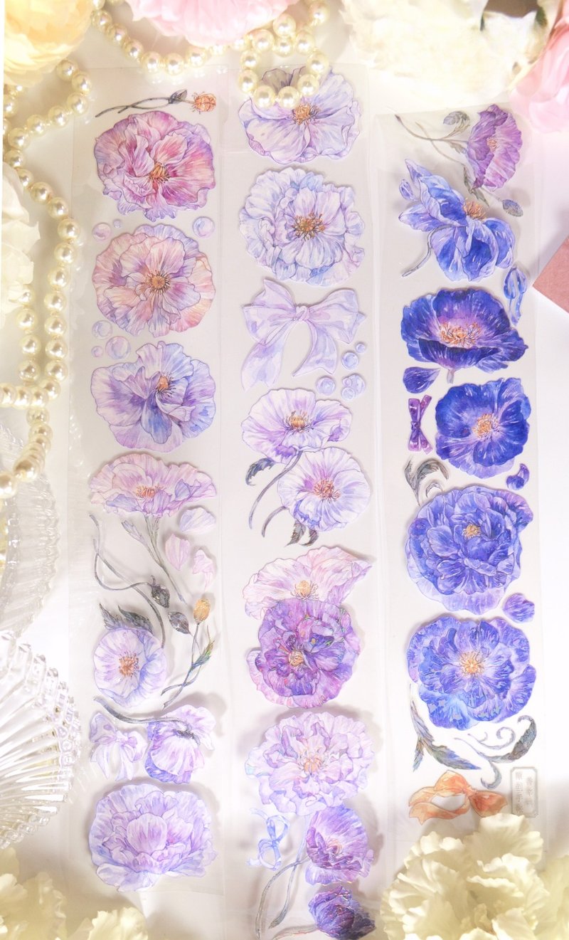 雪梨灰 青紫の優雅なポピー 和風花柄 PET 和紙膠帶 虹光 10米卷 - 紙膠帶/和紙/PET - 其他材質 紫色