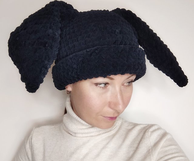 Black bunny hat. J-Hope hat with bunny ears. Plush bunny beanie crochet. - Shop Alternative Crochet Boutique Hats Caps - Pinkoi