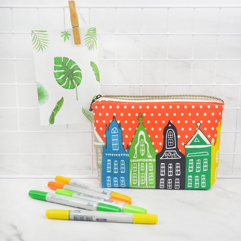 Rainbow House Colorful Cosmetic Bag/Storage Bag/Zipper Bag/Sundry Bag - กระเป๋าเครื่องสำอาง - ผ้าฝ้าย/ผ้าลินิน สีส้ม