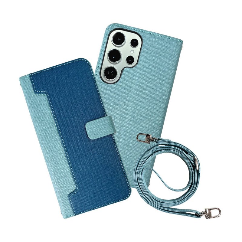 CASE SHOP Samsung S24 Ultra Front Storage Leather Case Strap Set-Blue - เคส/ซองมือถือ - หนังเทียม สีน้ำเงิน