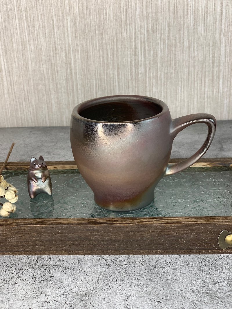 Wood-burning gold and silver color healing cat mug - แก้วมัค/แก้วกาแฟ - ดินเผา 