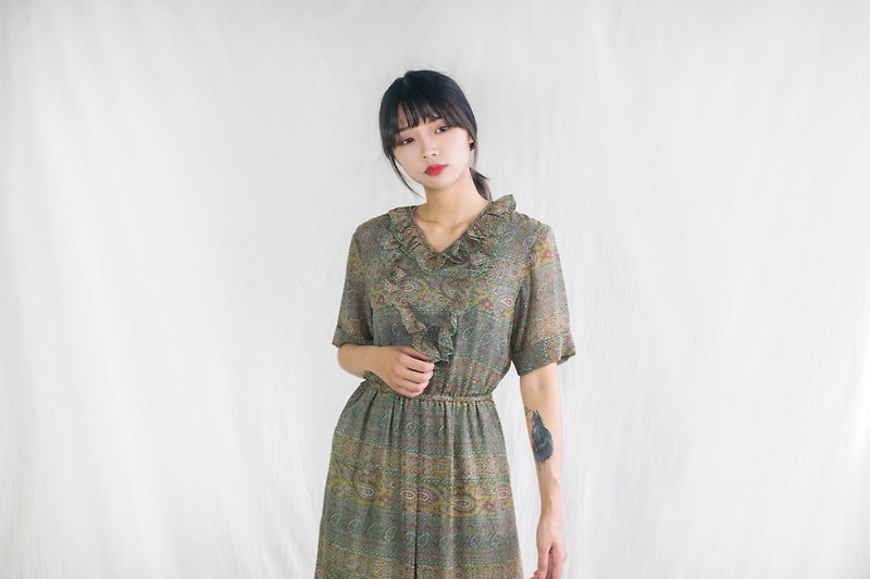 Purple green totem black rice five-point sleeves vintage dress - One Piece Dresses - Other Materials 