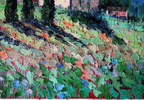 油絵トスカーナ風景 トスカーナの風景油絵 イタリア トスカーナの芸術 厚塗り絵画