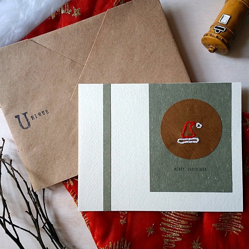 手縫圖像聖誕卡(聖誕帽)(原稿) - 心意卡/卡片 - 紙 多色
