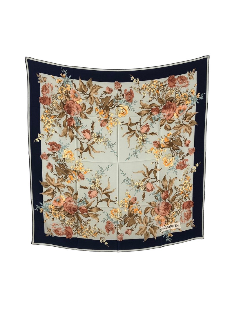 【 日本直送　名牌中古包 】Yves Saint Laurent イヴ・サンローラン スカーフ ネイビー シルク 花柄 vintage オールド xkev6e - 絲巾 - 絲．絹 藍色