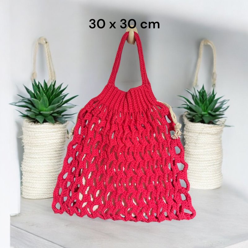 hand-crocheted tote bag - Messenger Bags & Sling Bags - Cotton & Hemp Red