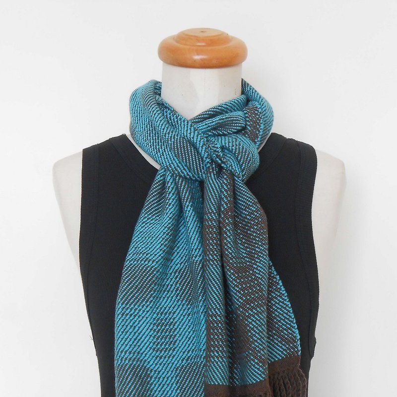 Woven handmade scarf-100% merino wool scarf 19 dark coffee x aqua blue - Knit Scarves & Wraps - Wool Blue