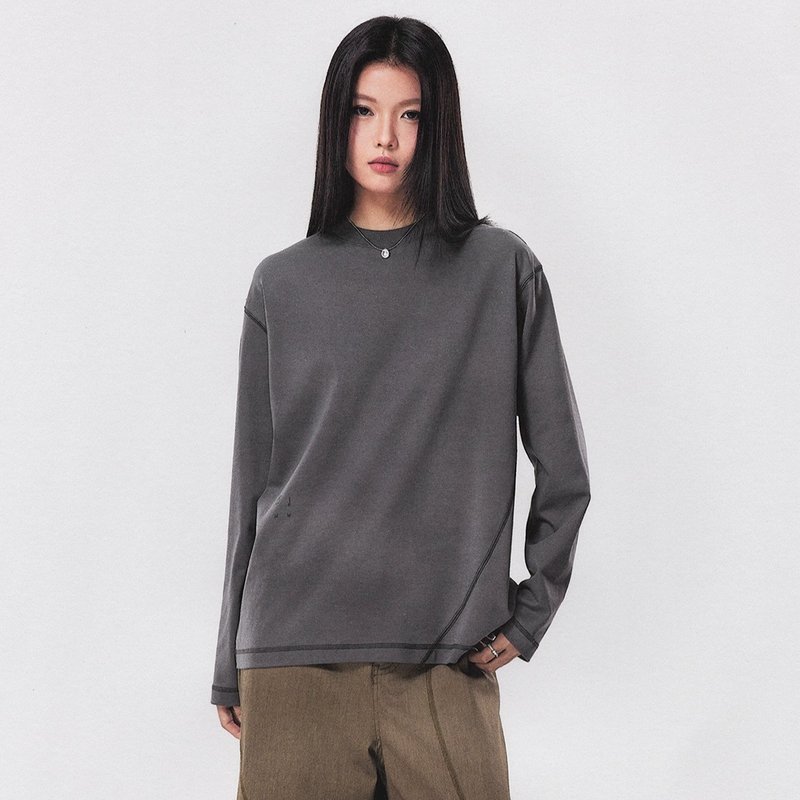 10th Anniversary Small Collar Print Long-Sleeve T-Shirt - Hassou Split Round Neck Base Layer - เสื้อฮู้ด - วัสดุอื่นๆ สีเทา