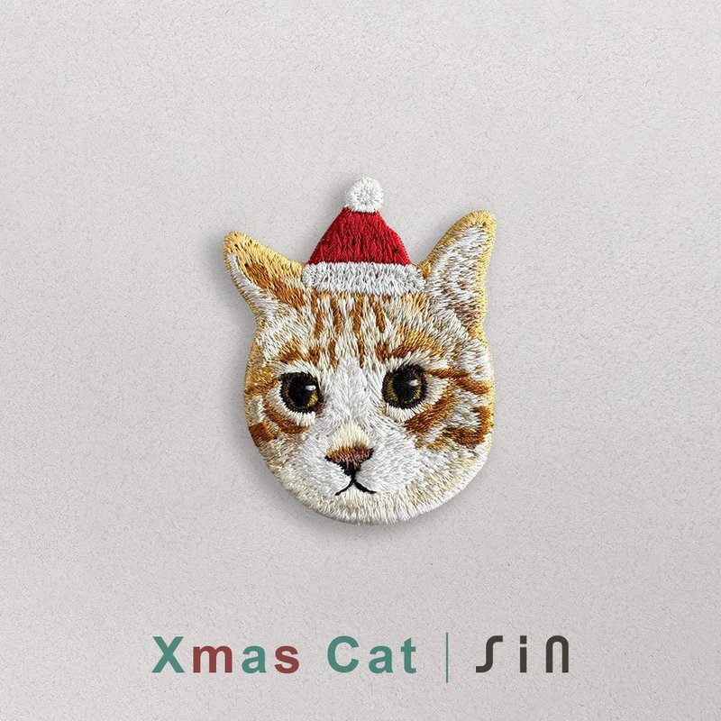 Single Card Christmas Kitten - Embroidered Sticker - Orange Cat (XHC0013) - สติกเกอร์ - งานปัก สีแดง