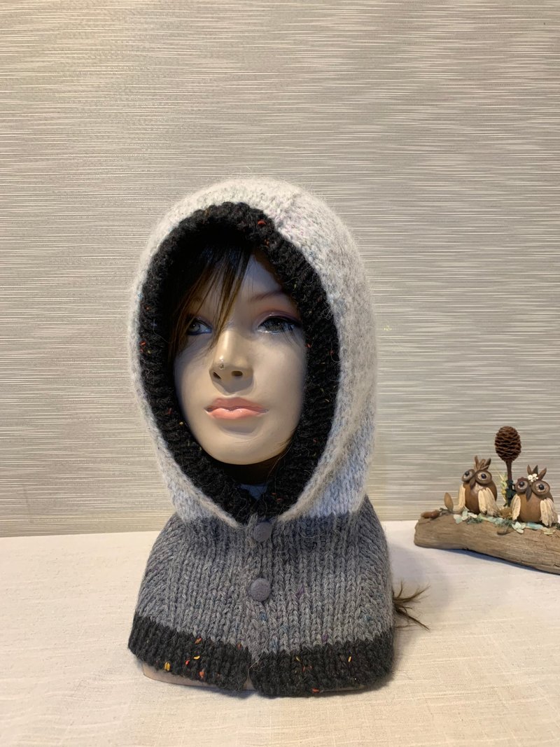 巴拉克拉法毛線帽+圍脖。灰白/鐵灰/黑。義大利線材手工編織 - 帽 - 羊毛 