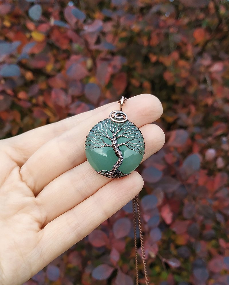 Green Aventurine Tree Of Life Pendant, Copper Anniversary Gift, Viking Mythology - Necklaces - Gemstone Green