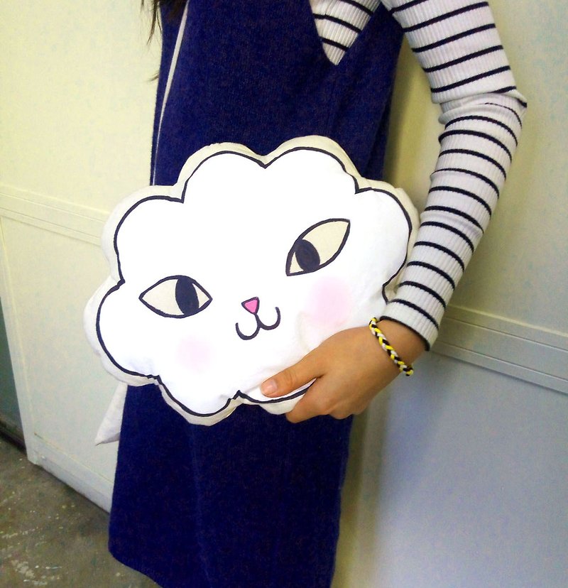 Hong Kong design Cat Cloud handmade hand drawing cushion doll - Pillows & Cushions - Cotton & Hemp White