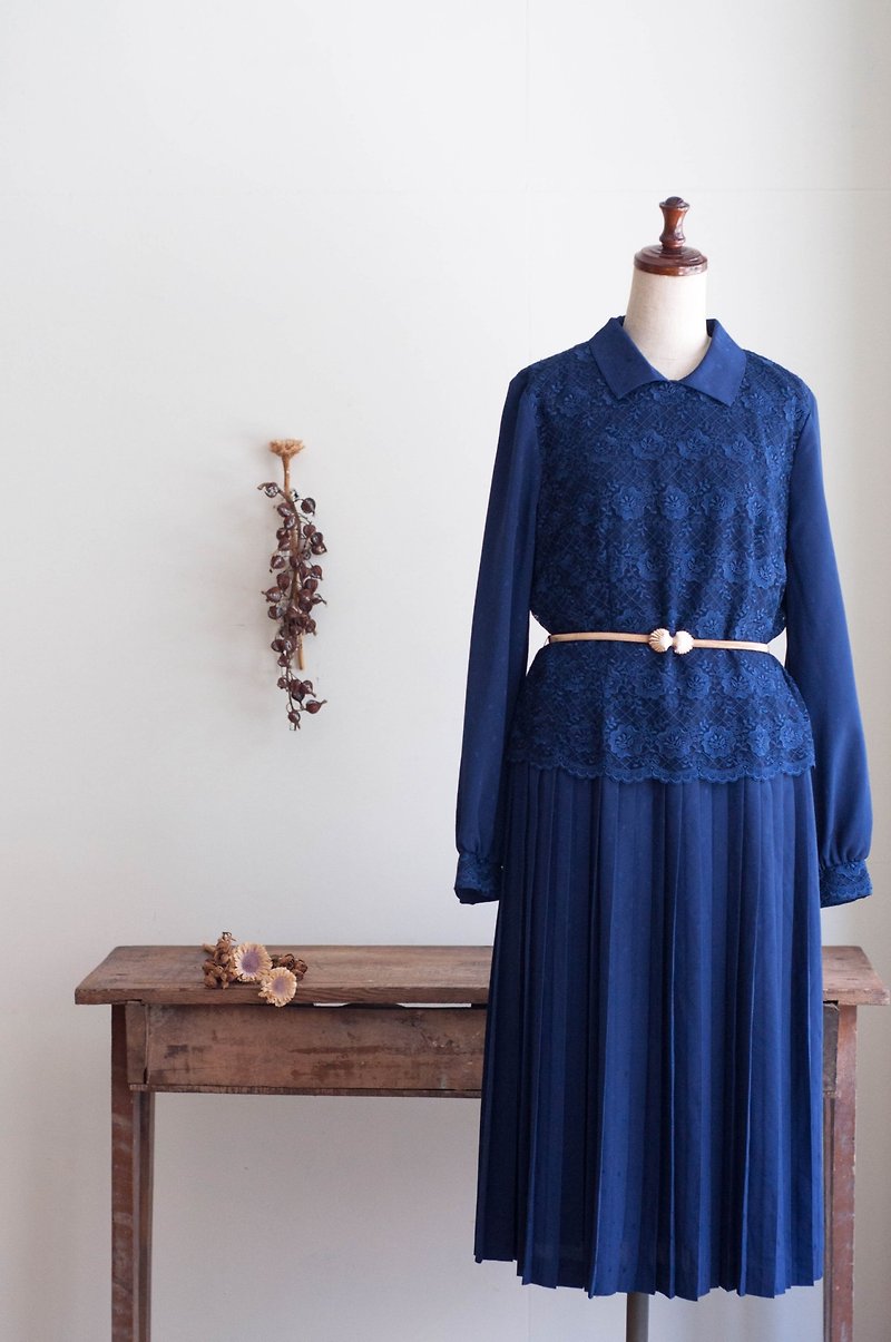 Vintage / long-sleeved dress no.256 - ชุดเดรส - เส้นใยสังเคราะห์ สีน้ำเงิน