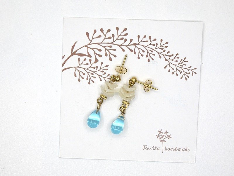Blue water crystal shell flower earrings ear clip - ต่างหู - เครื่องเพชรพลอย 