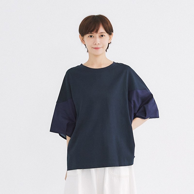 【Simply Yours】Short-sleeved T-shirt with different materials, blue F - Women's T-Shirts - Cotton & Hemp Blue